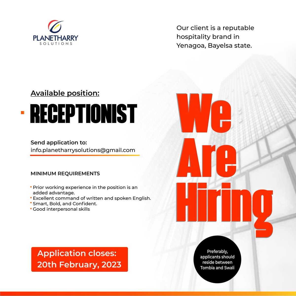 planetharryict's tweet photo. Our client is a reputable hospitality brand along Azikoro Road, Ekeki in Yenagoa.

Qualified and experienced persons should follow the instructions to apply.

#Planetharry #recruitment https://t.co/BdQw4boCei