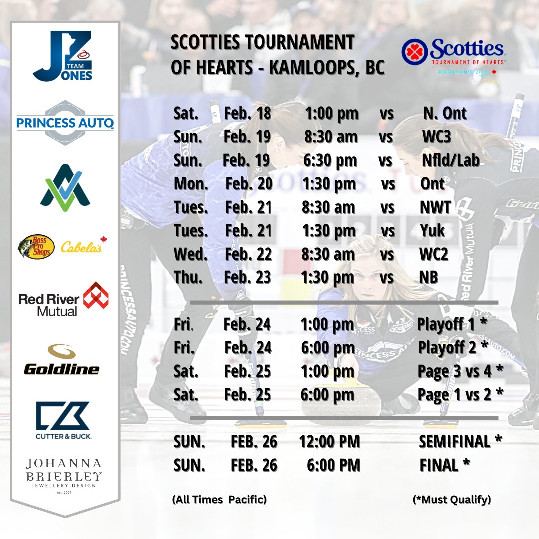 The countdown is on for the Scotties Tournament of Hearts! 

We're looking forward to repping Manitoba.
Our 1st game is Sat. at 1:00 pm PT vs N. Ont.

<a href="/TSN/">TSN</a>  will have all draws. 
More info here: linktr.ee/teamjenniferjo…

#TeamPrincessAuto
#curling
#Manitoba
#STOH2023