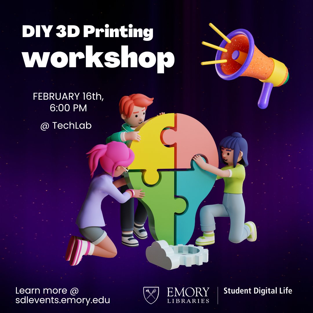 emorySDL's tweet photo. Learn how to print your own 3D object using 3DPrinterOS software. We'll talk about the difference between .gcode and .stl file types, and learn how to use the self-service 3D printers at Cox Hall and the Woodruff Health Science Center Library! https://t.co/cnqms64pn3