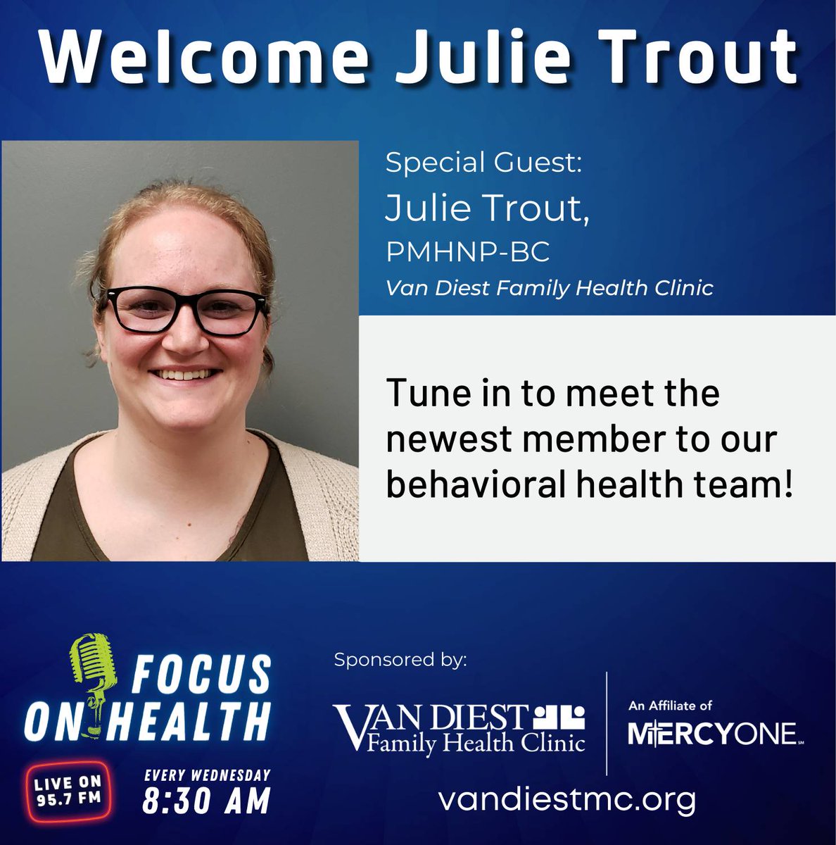 Listen in on this week's episode of Focus on Health Wednesday morning at 8:30am.
Listen Live online!
radio.securenetsystems.net/cwa/KQWC
Past episodes can be found on our website!
vandiestmc.org/registration/r…