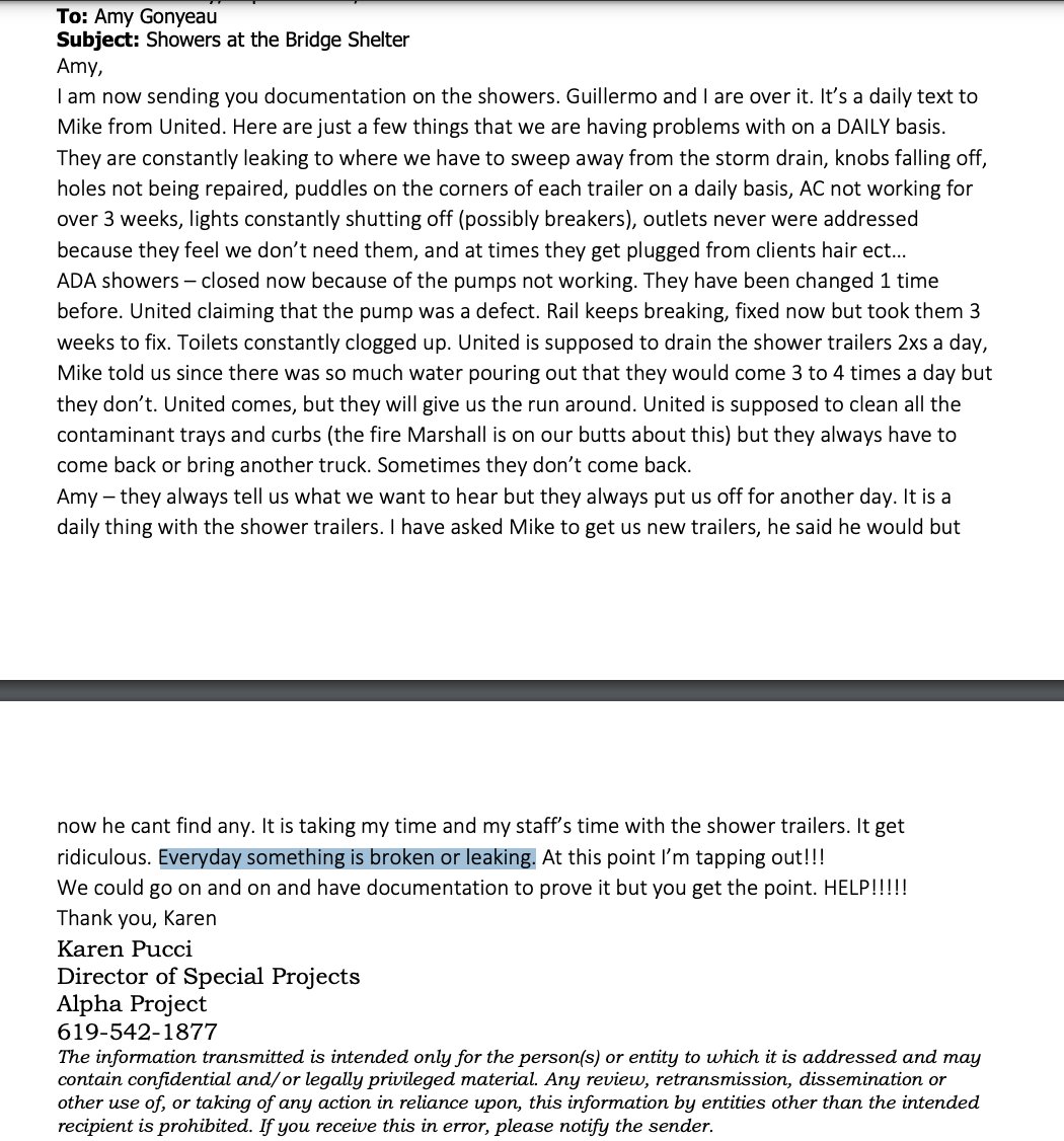 LoriSaldanaSD's tweet photo. Here are a few messages (from Public Record Act requests) re:#AlphaProjectSD
They show the frustration of staff, concerns re:lack of lighting for employee safety, and struggles w/defective showers for people w/disabilities
3/ https://t.co/e2lSsUoG70