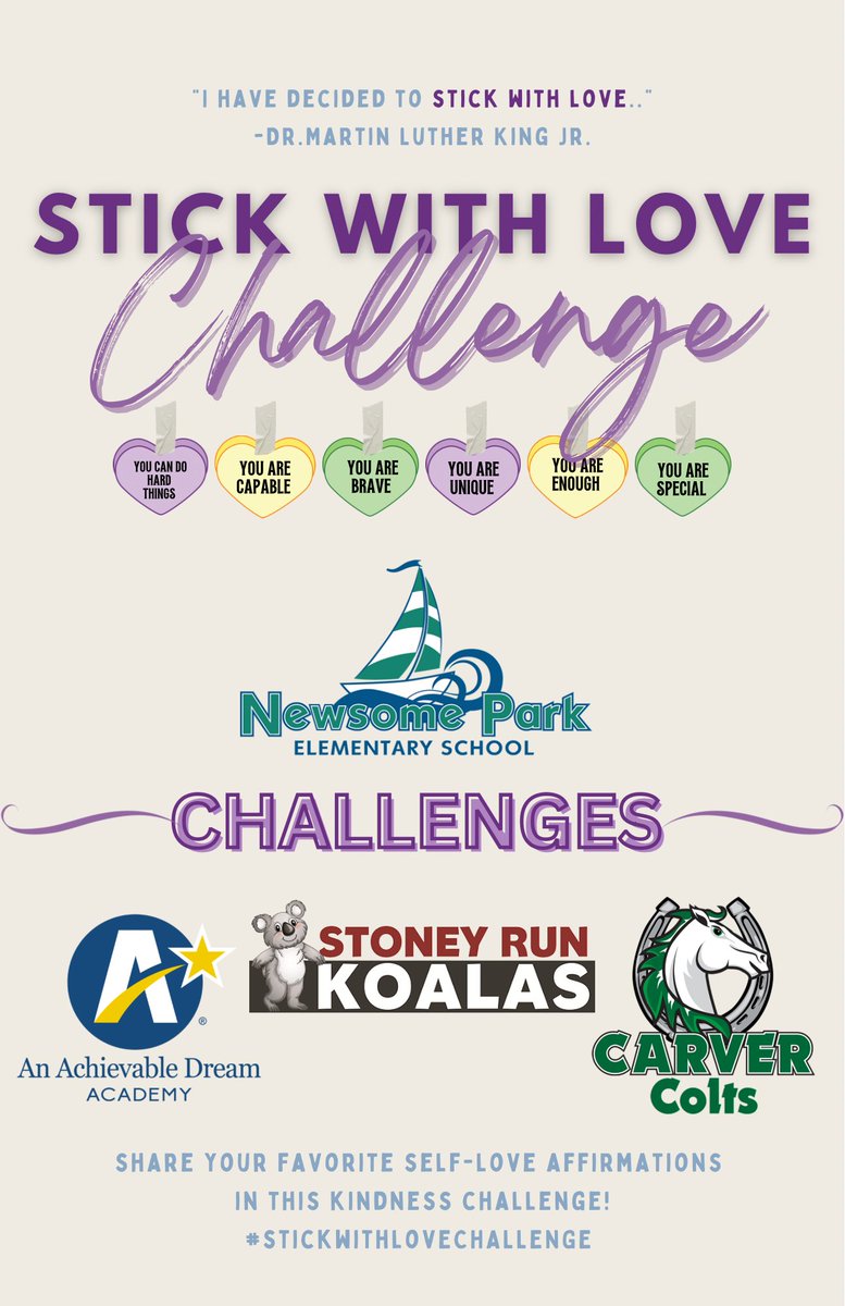 newsome_es's tweet photo. Dreamers, Koalas, and Colts ..we challenge YOU!
The best love, starts WITHIN. Join us in sharing our Kindness efforts by joining our 
#StickwithLoveChallenge

#NewsomePark #RefusetoSink #NNPSPROUD #NNPSBetterTogether https://t.co/tmGFfyrwVg