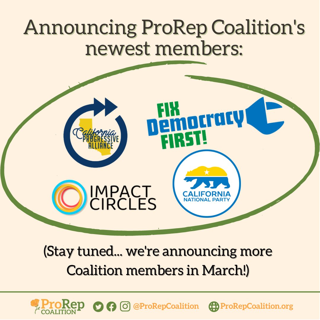We're thrilled to share that @CAProgAlliance @fixdemocracy1st @Vote_CNP & Impact Circles have joined ProRep Coalition on our mission towards a multi-party California!
#CoalitionBuilding #ProportionalRepresentation #PoliticalReform 
prorepcoalition.org/ourcoalition