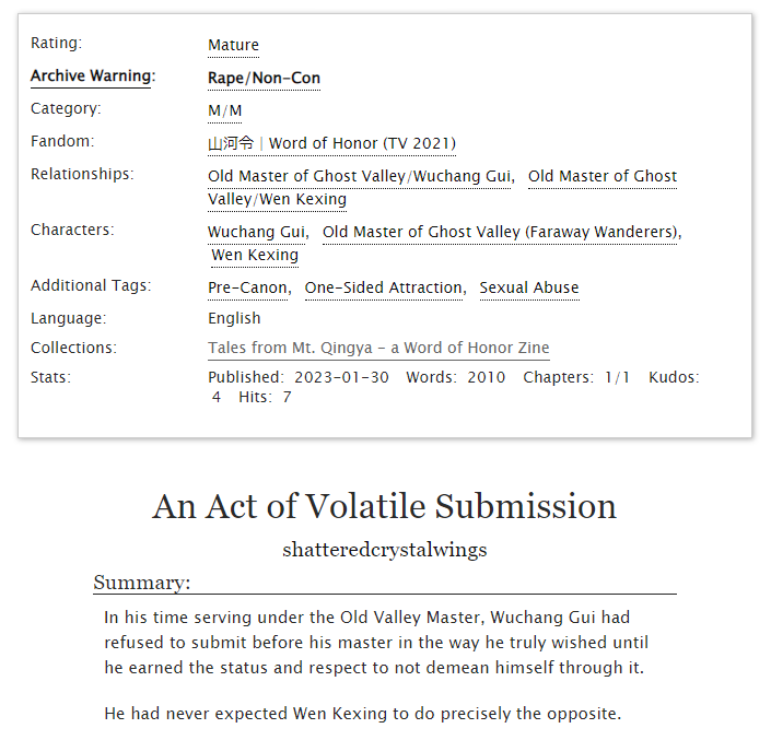 bizarrequazar's tweet photo. My work for the @GhostValleyZine is now on AO3!! 👻
I had the privilege to do a piece focused on Wuchang Gui, exploring his pre-canon relationship with both the former Ghost Valley Master and Wen Kexing. Rated M for off-screen abuse, mind the tags.
#WordofHonor #ghostvalleyntine https://t.co/0NMWbzbwNa