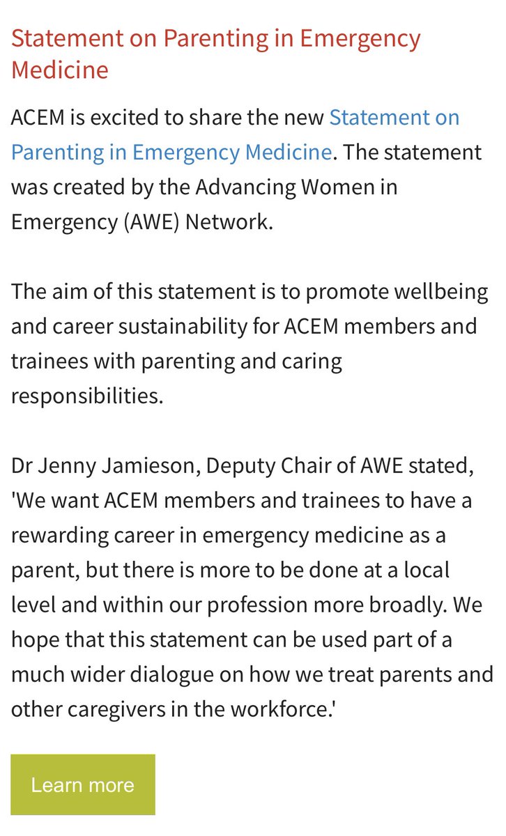 In a busy week, this project finally came to fruition - <a href="/acemonline/">ACEM</a>’s Position Statement on Parenting in Emergency Medicine. Thanks to the fantastic AWE team, members &amp; ACEM policy staff for getting this over the line! <a href="/hansendisease/">Kim Hansen</a> @RaghwanShani <a href="/ACEMPresident/">ACEM President</a> <a href="/SallyMcCEP/">Sally McCarthy</a>