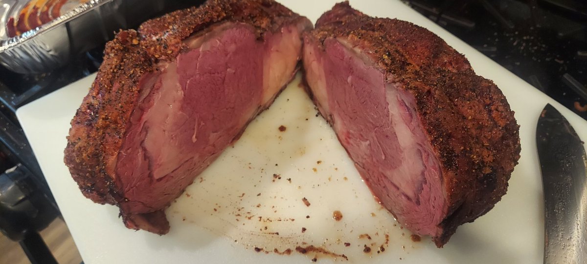 smackey70's tweet photo. Prime Rib for Valentines day dinner #smoker #BBQ #pitbosssmoker #Food @PitBossGrills #pelletsmoker #lowandslow https://t.co/Hdv8MaUfNh