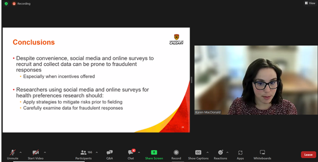 Marshall_HEcon's tweet photo. Shout out to our team's Research Manager, Karen MacDonald, for presenting during the ISPOR webinar on fraudulent response data with examples from #healthpreferenceresearch!
Missed the webinar or want to watch it again? The recording will be on https://t.co/ePF1rehndo soon. https://t.co/EC9mO9YvWD