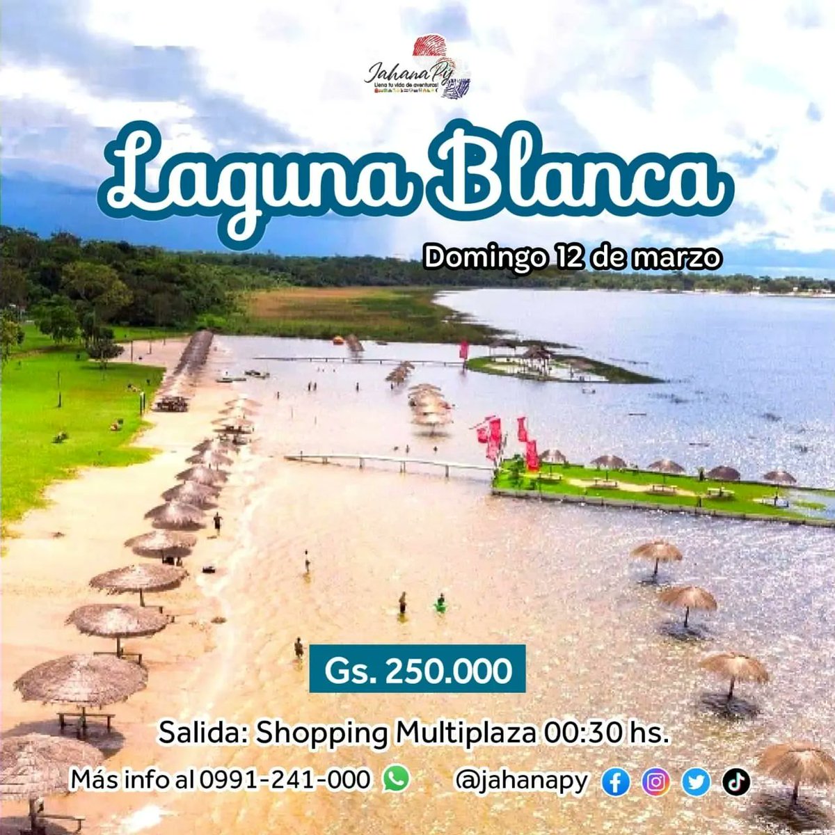 Jahana a Laguna Blanca 🏖️🌊🇵🇾
Domingo 12 de Marzo‼️
Salida Shopping Multiplaza 00:30 y Super Seis de San Lorenzo 
Costo 250.000 P/p ‼️
Info 0991241000‼️
Sigan a la página 👉🏻  @jahanapy
#jahanapy #paraguay #lagunablanca #viajespy #viajarpy #turismopy #veranopy #caribeparaguayo