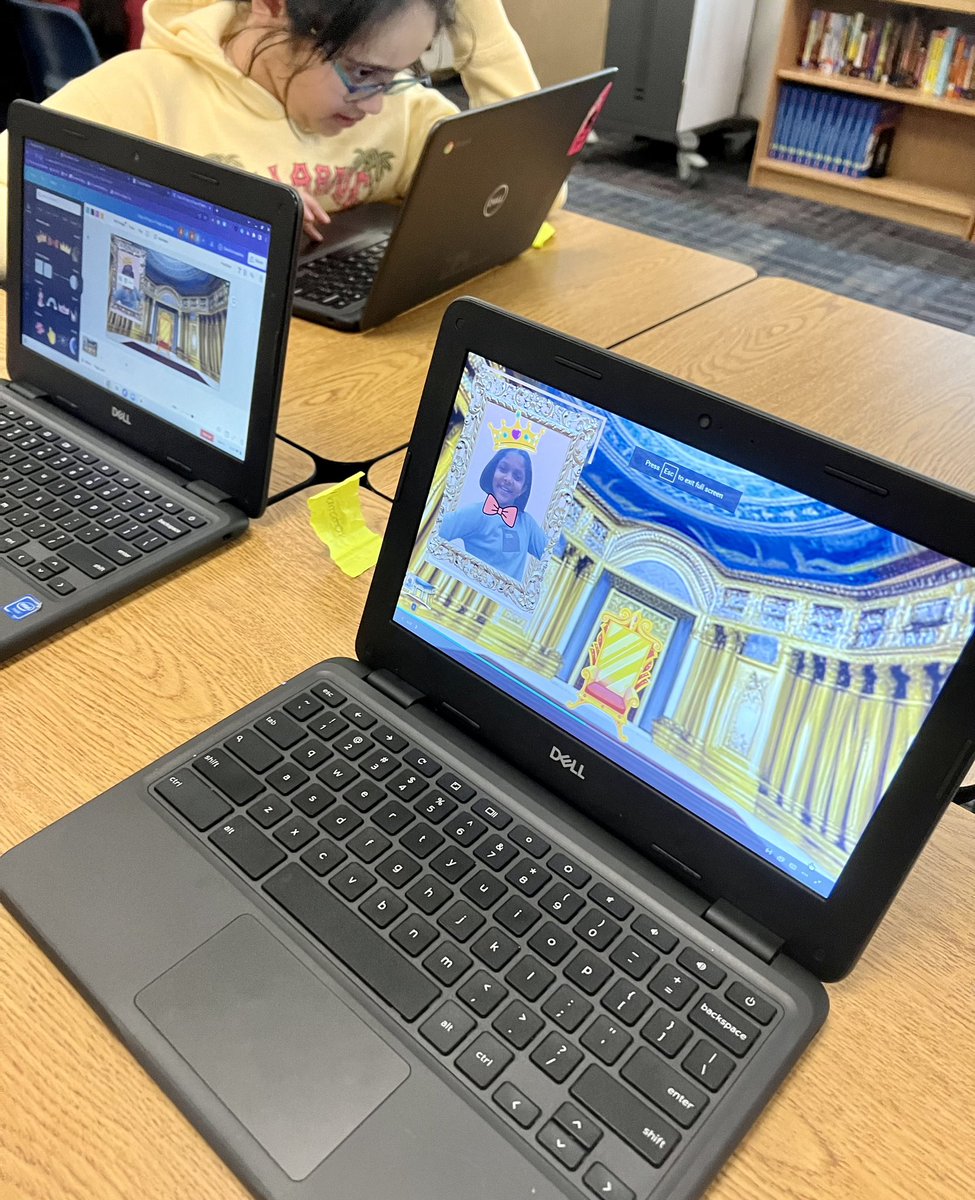 TechItOutTeach's tweet image. 5th grade at @TalleyElem working hard collaborating in @canva to create setting backdrops for their reader’s theatre performance! They LOVED learning about the text to image and the character builder apps built in to Canva! Lots of oohs and ahhs! #FISDmadetoshine #CanvaEdu