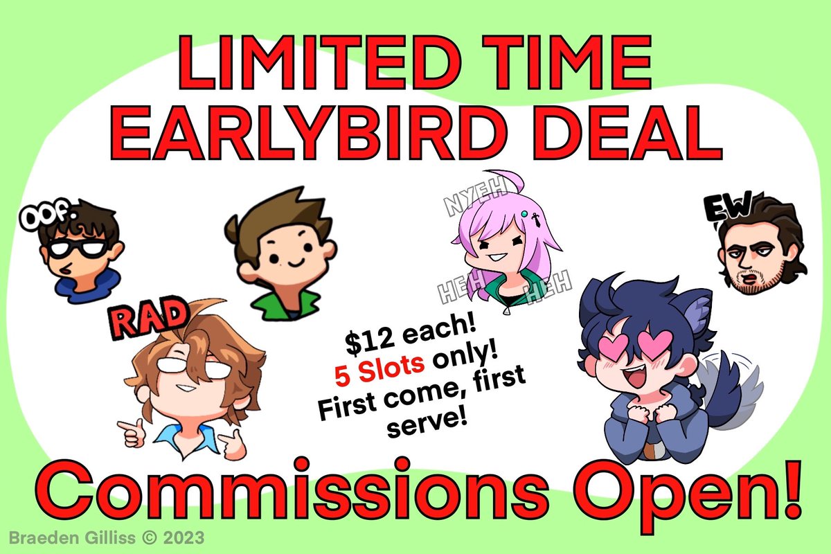 ART COMMISSIONS OPEN

Reduced price for first 5 orders! 

Perfect for custom profile pictures, emotes for #Vtuber and Discord Servers, and personal art!

DM if interested!

#ArtCommission #art #cartoon #Memes #emoteartist #emotes #Commission #commissionsopen