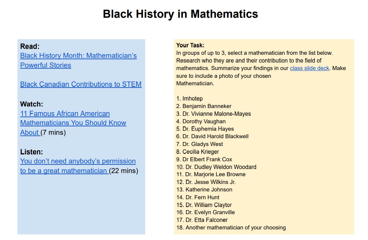 mrsbistro's tweet photo. #MTH1W began their Black History in Mathematics project today. I first did this last year and it became a highlight of the course. Ss gave a lot of positive feedback about it. I'm excited to see what this year's group produces! 

Thanks to @garden_rob, who inspired this. https://t.co/j3l5NEZayO