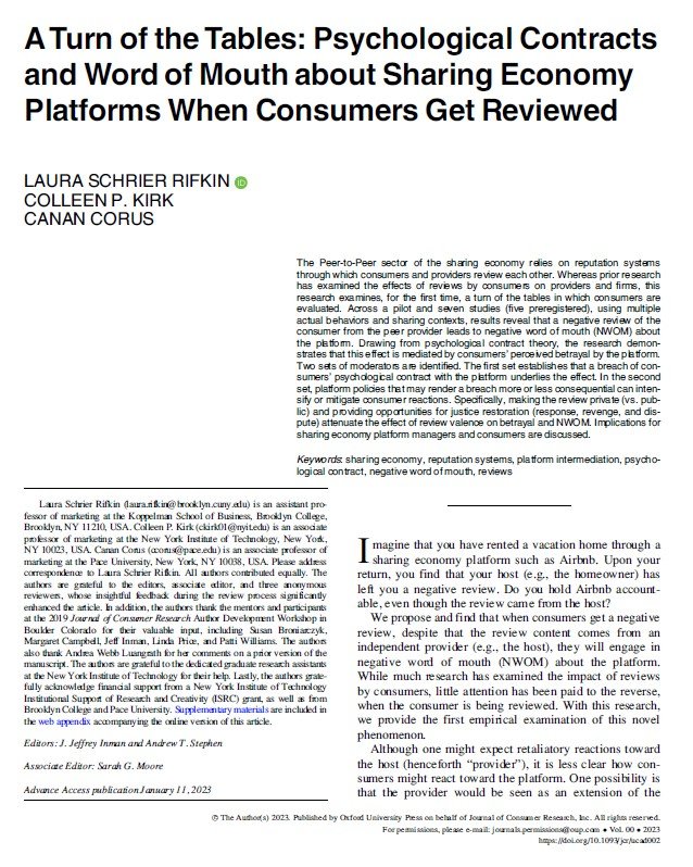 Is the customer always right? I am very happy to share that my article about reviews of consumers in the #sharingeconomy, coauthored with @LauraSchrierRifkin and @CananCorus has been published by Journal of Consumer Research <a href="/JCRNEWS/">Journal of Consumer Research</a>. 
#marketing #NYITSOM #NewYorkTech