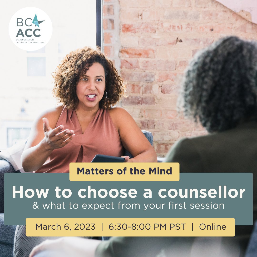bccounsellors's tweet photo. Join BCACC and two Registered Clinical Counsellors as we guide you through the process of finding the right clinical counsellor for you, and what you can expect from your first session.
Join us! Register here: https://t.co/6eakjRxx8p https://t.co/lLTgdxjraF