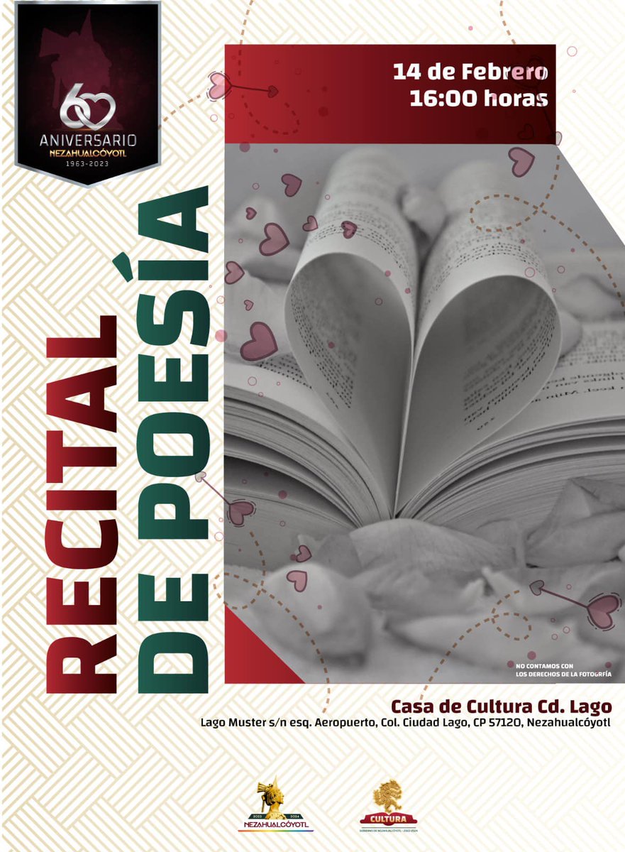 GobNeza's tweet photo. #Cultura | La Dirección de Cultura Nezahualcóyotl, te invita al recital de #poesía.
🗓️ 16 de febrero
⏰ 16:00 hrs.
📍 C. Coatlinchan s/n, Unidad Rey Neza.
#PorAmorANeza #NezaCapitalMulticultural https://t.co/lBUxDusRYq