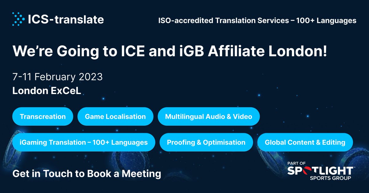 ICS-translate (@icstranslate) on Twitter photo Less than a week to go until the biggest iGaming event of 2023!
We're excited to be attending @ICE365Global and <a href="/iGBAffiliate/">iGBAffiliate</a> London next week for an action-packed few days at the <a href="/ExCeLLondon/">Excel London</a>.
Get in touch to arrange a meeting.
#ICELondon #ICE23 Less than a week to go until the biggest iGaming event of 2023!
We're excited to be attending @ICE365Global and <a href="/iGBAffiliate/">iGBAffiliate</a> London next week for an action-packed few days at the <a href="/ExCeLLondon/">Excel London</a>.
Get in touch to arrange a meeting.
#ICELondon #ICE23