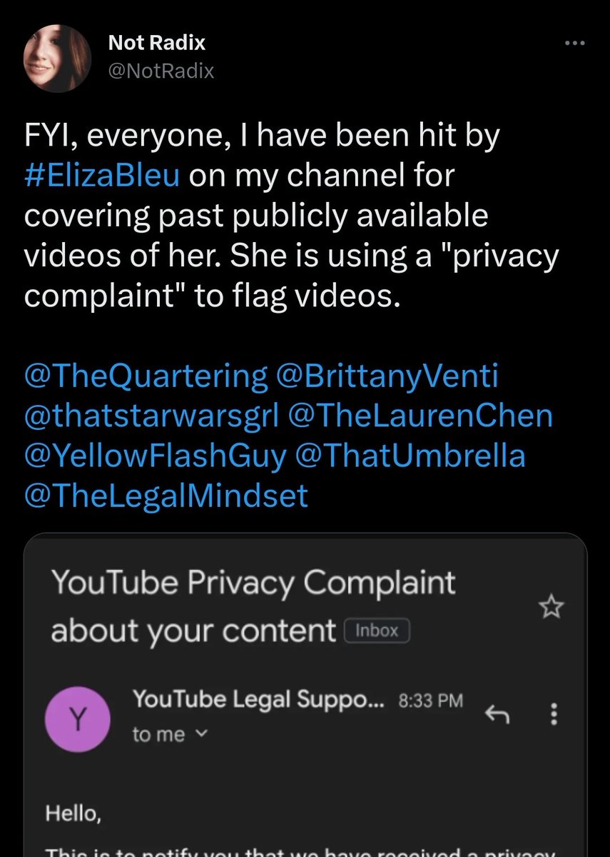 ThatUmbrella's tweet photo. Breaking: Multiple creators have been hit with privacy complaints from Eliza Bleu.
At least 4 so far, and growing.
1st Elon Musk and Twitter, now this - it's is a MASSIVE attempt at cover-up that KEEPS growing. https://t.co/uWBRRn7qcq