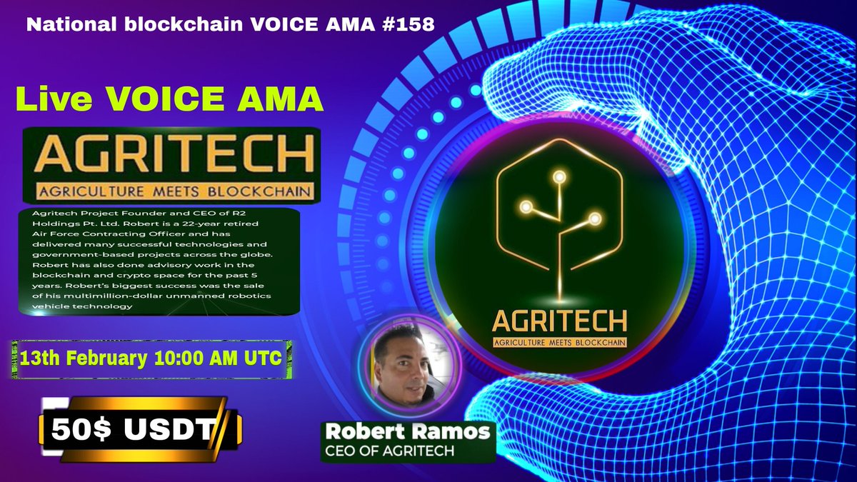 🔊 National Blockchain Glad To Announce our next 🇻 🇴 🇮 🇨 🇪  AMA  with #AGRITECH.

🕔 Date:13th February 10:00 AM UTC
   
 Reward Pool: 50$ USDT 🔥🔥
Venue:
 t.me/NationalBlockc…

〽️ Rules:
1️⃣ Follow 
<a href="/Nation_Airdop24/">NATIONAL BLOCKCHAIN । AMA +X- Space + Binance live</a>
 &amp;
<a href="/AgritechAI/">Agritech | Next-Gen AAI and Scalability | 🌐 #AGT</a>

2️⃣ (Like,Retweet Comment your Question)