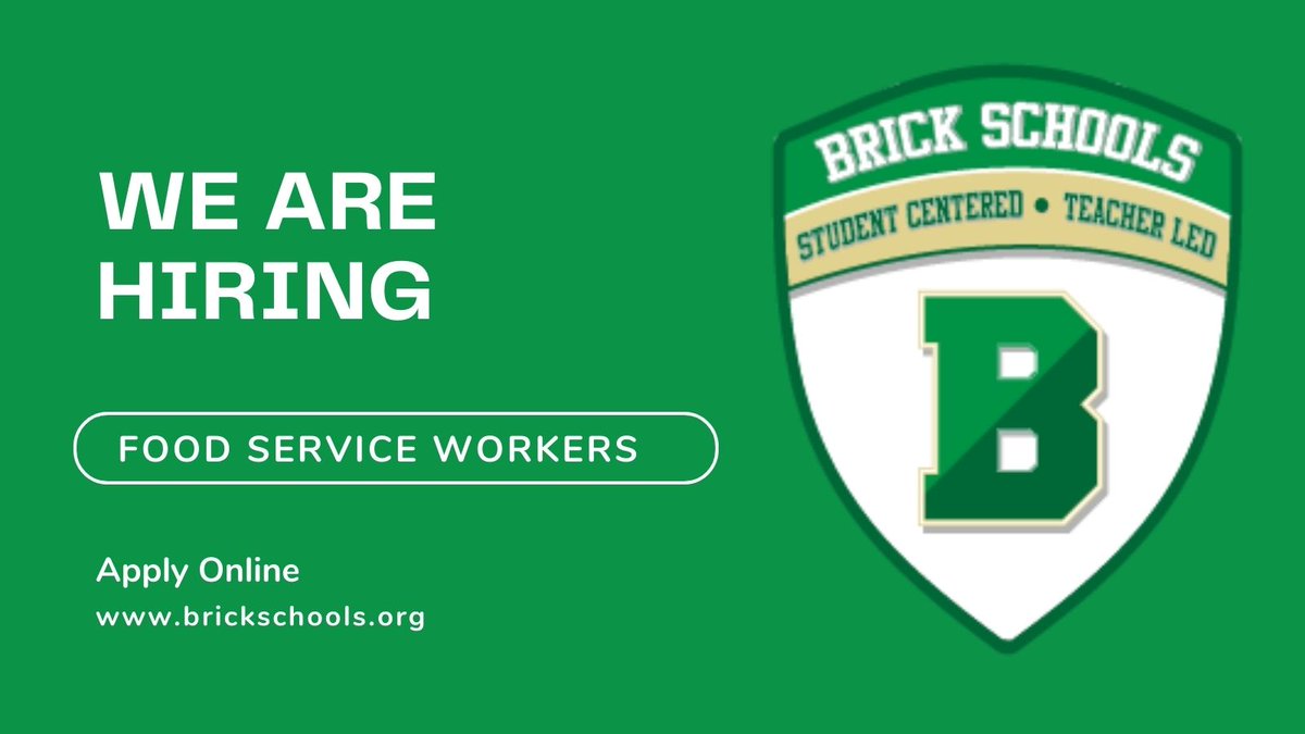 Join our fabulous Food Services Team! We have several openings in our #FoodServices Department. 🍎🥦🍕🍴🍔 Great flexibility. Visit brickschools.org to apply. #NJjobs #NJSchoolJobs #BrickNJ #OceanCountyJobs