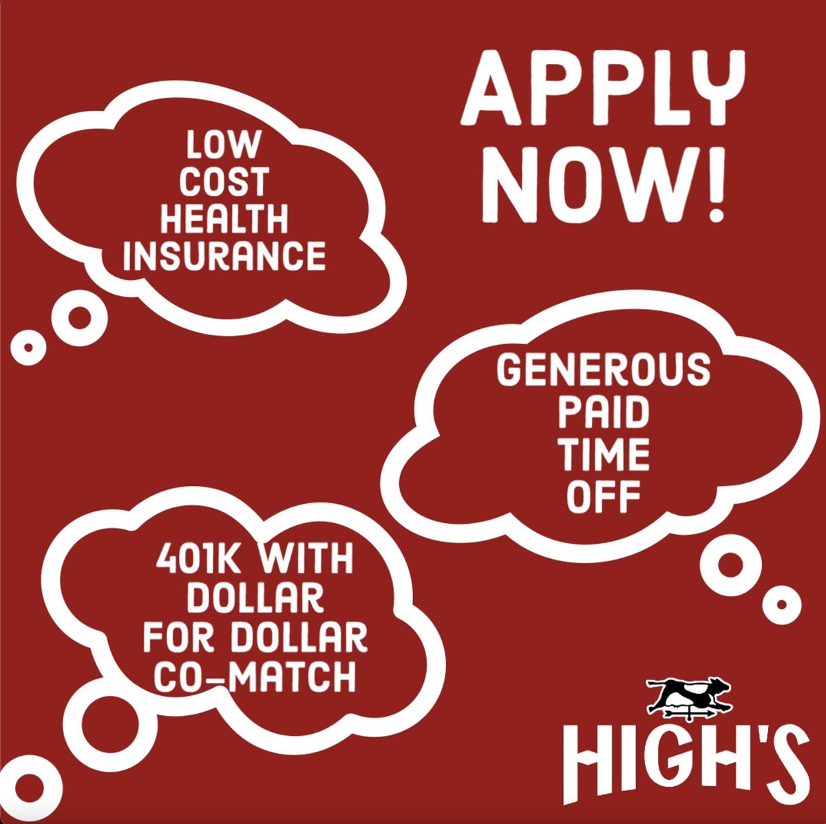 Enjoy these great benefits and more when you join our High's team! Visit highs.com/careers for more information and to apply today! #NowHiring #Maryland #Delaware #Pennsylvania