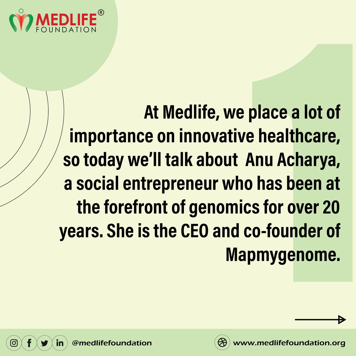 Med_foundation's tweet photo. At Medlife, women are valued, and we dedicate today to celebrate Anu Acharya and her work. If the complex world of genes befuddles you, turn to Anu Acharya, CEO of Mapmygenome India, a personal genomics company.
#medlife #medfem #foundationforher #women #healthcare https://t.co/GgASY4dJye