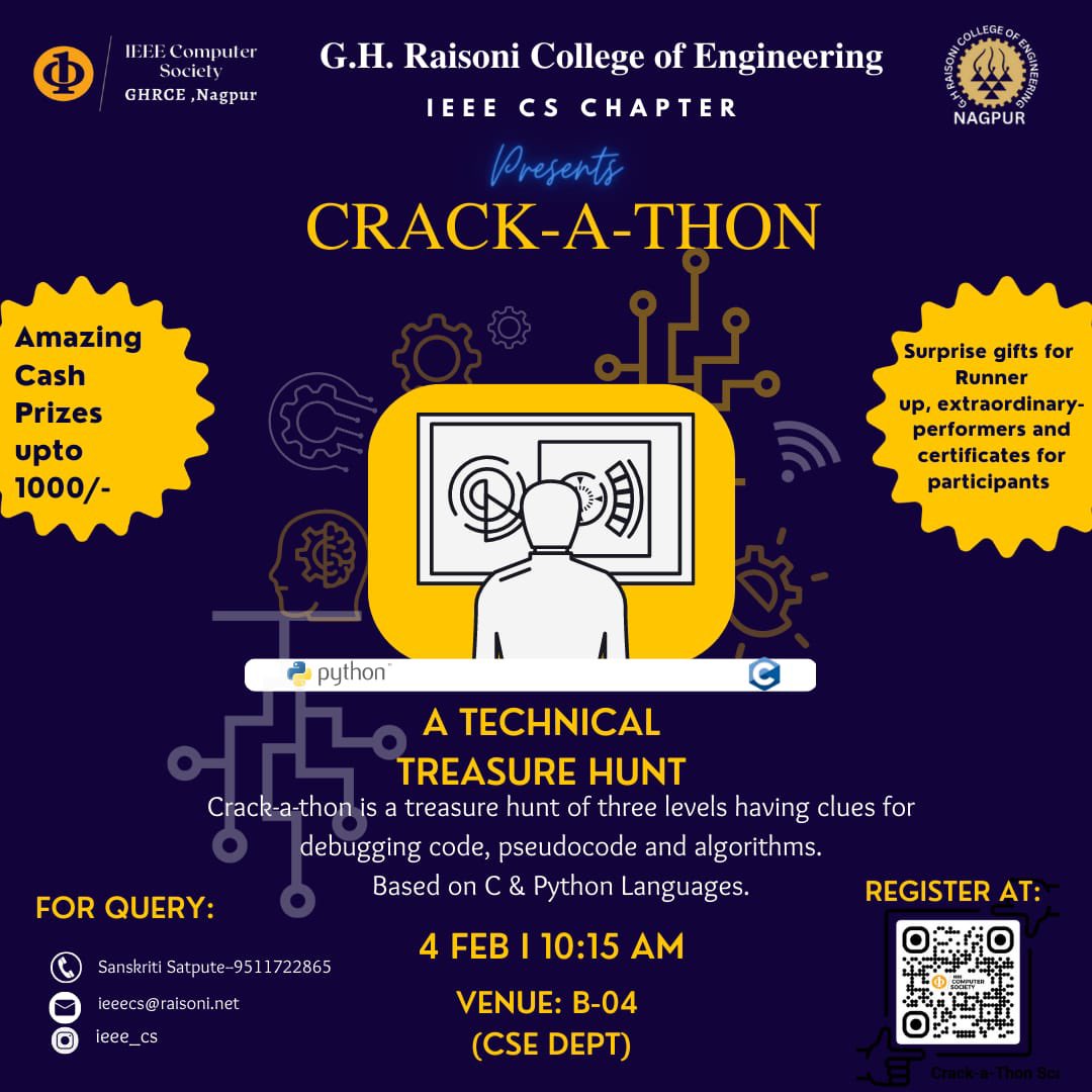 ieeecsghrce's tweet photo. Get ready for the captivating Crack-a-thon!!💡
Turn up in numbers on Saturday ie on Feb 4 2023 by filling the google form : https://t.co/HNPHgVcnxj
#ieee #python #coding #ieee #ieeekeralasection #ieeer #ieeewie #ieeestudents #ieeemember #technology #engineering #ieeeorg #c https://t.co/9Q3qVAwfLz