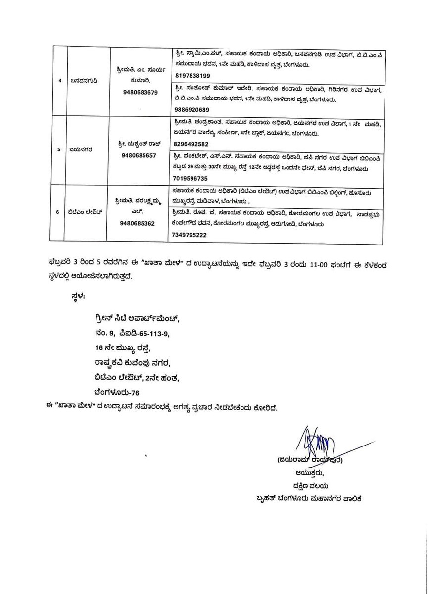 Bosky Khanna (@boskykhanna) on Twitter photo Bbmp to organise Khata mela in #Bengaluru south from Feb 3.
Check dates, areas, contact details
<a href="/NewIndianXpress/">The New Indian Express</a> <a href="/XpressBengaluru/">TNIE Karnataka</a> <a href="/KannadaPrabha/">kannadaprabha</a> <a href="/Cloudnirad/">Nirad Mudur</a> <a href="/NammaBengaluroo/">ನಮ್ಮ ಬೆಂಗಳೂರು Namma Bengaluru</a> <a href="/namma_BTM/">BTM Layout Residents</a> <a href="/jayanagar/">jayanagar.com</a> <a href="/JPNAGAR/">J.P.NAGAR</a> <a href="/SBasavanagudi/">Swachh basavanagudi</a> <a href="/nimmasuresh/">S.Suresh Kumar</a> <a href="/Tej_AnanthKumar/">Tejaswini AnanthKumar</a> <a href="/BBMPCOMM/">Maheshwar Rao.M, IAS</a> Bbmp to organise Khata mela in #Bengaluru south from Feb 3.
Check dates, areas, contact details
<a href="/NewIndianXpress/">The New Indian Express</a> <a href="/XpressBengaluru/">TNIE Karnataka</a> <a href="/KannadaPrabha/">kannadaprabha</a> <a href="/Cloudnirad/">Nirad Mudur</a> <a href="/NammaBengaluroo/">ನಮ್ಮ ಬೆಂಗಳೂರು Namma Bengaluru</a> <a href="/namma_BTM/">BTM Layout Residents</a> <a href="/jayanagar/">jayanagar.com</a> <a href="/JPNAGAR/">J.P.NAGAR</a> <a href="/SBasavanagudi/">Swachh basavanagudi</a> <a href="/nimmasuresh/">S.Suresh Kumar</a> <a href="/Tej_AnanthKumar/">Tejaswini AnanthKumar</a> <a href="/BBMPCOMM/">Maheshwar Rao.M, IAS</a>