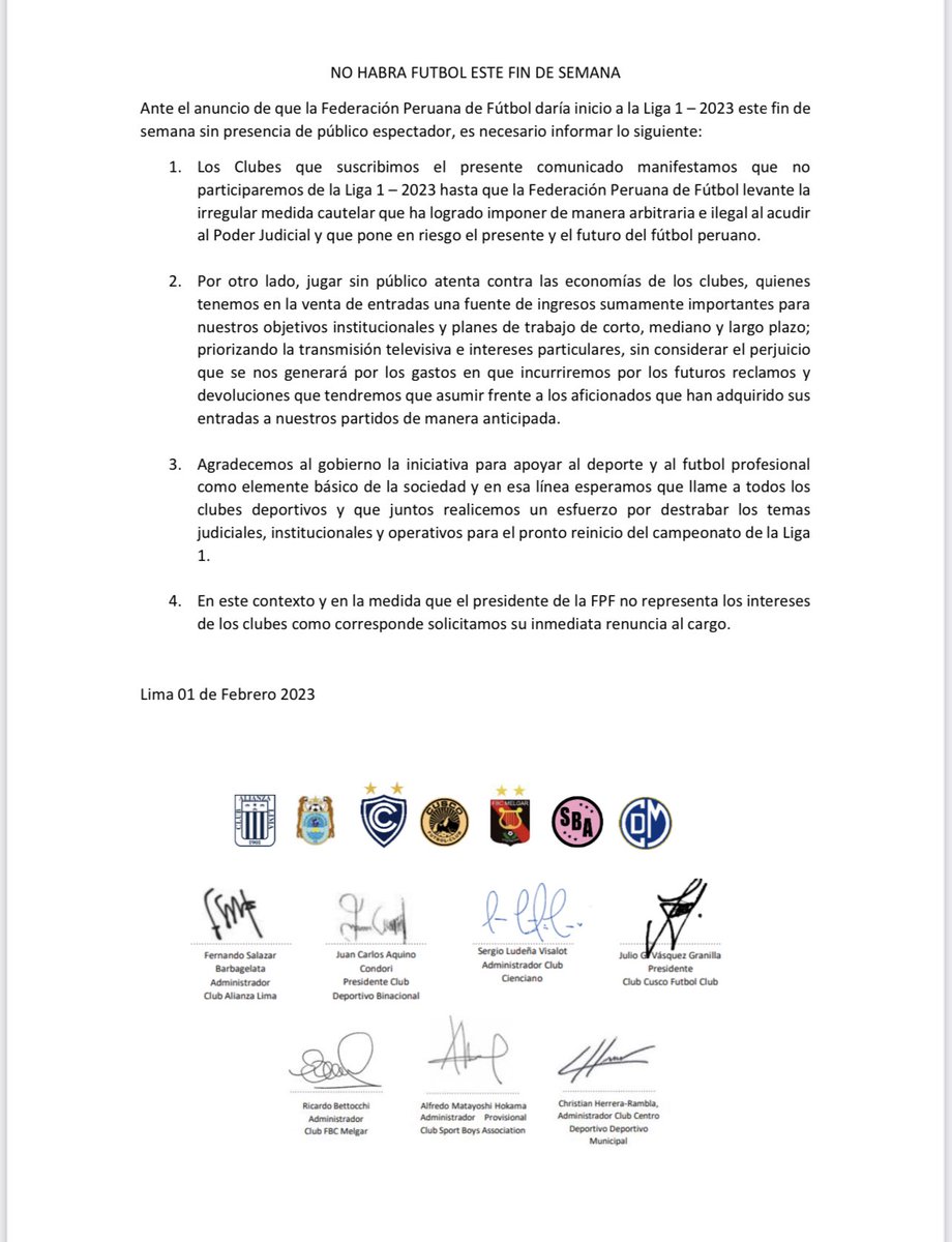 RPPDeportes's tweet photo. Último: Comunicado conjunto. Siete clubes de Liga 1 (Alianza, Garcilaso, Municipal, Melgar, Boys, Binacional y Cusco FC): anuncian que no jugarán y piden renuncia del presidente de la FPF. 

@RPPNoticias https://t.co/X4uXYLaSO3