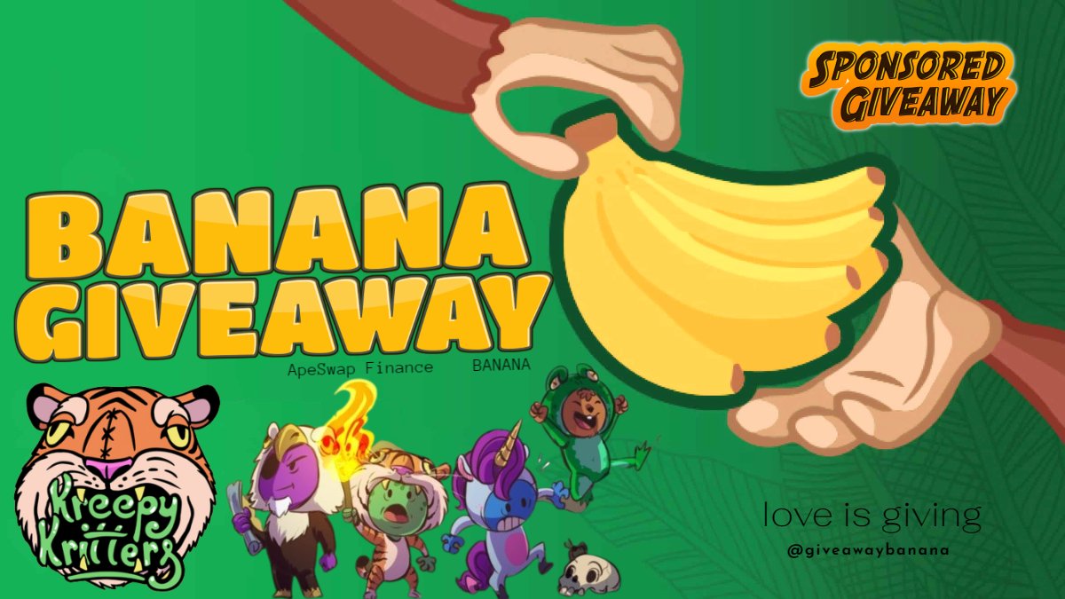 giveawaybanana's tweet photo. 🍌 BANANA GIVEAWAY by Kreepy Kritters
They are coming soon to #BNBChainNFTs

Prize: 200x $BANANA 👀

1. Follow @KreepyKritters
2. Like and Retweet
3. Tag 1 friend in the comments!

Draw in ~ 24 hours!

#giveaway #giveaways #GiveawayAlert  
#crypto #BNBChain #ApeSwap #BANANA https://t.co/FiUf40o6YL