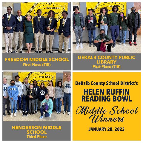 Congratulations to the 2023 DeKalb Helen Ruffin Reading Bowl (HRRB) middle school level winners. <a href="/DeKalbSchools/">DeKalb Schools, GA</a> <a href="/GAHRRB/">Georgia Helen Ruffin Reading Bowl</a>