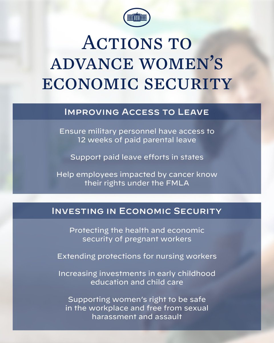 WhiteHouse46's tweet photo. For 30 years, the Family and Medical Leave Act has helped Americans take time off work to care for loved ones.

Today, the Biden-Harris Administration announced new actions to build on this progress and support economic security for women and families. https://t.co/AutLrs6d8V