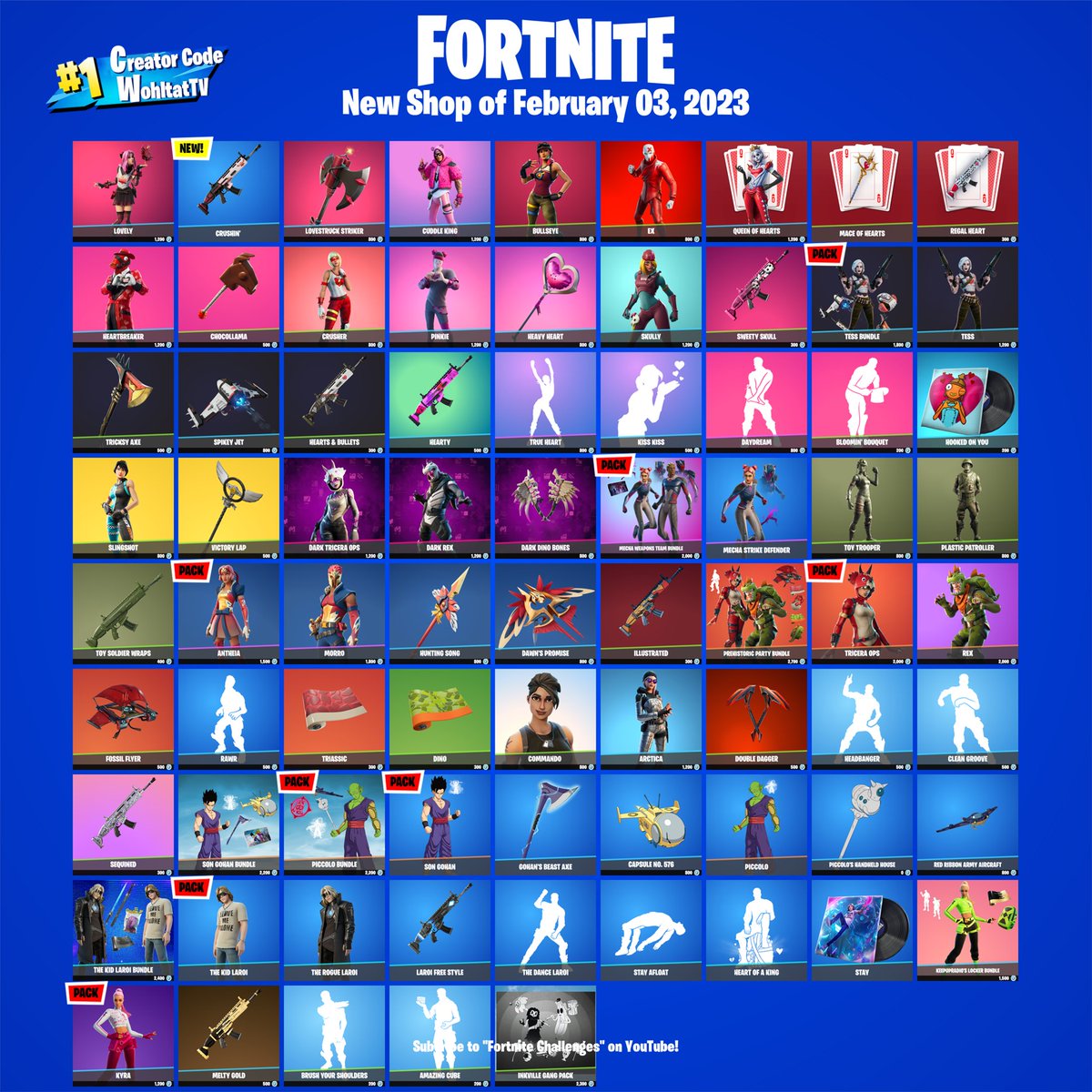NewOnFortnite's tweet photo. The new Fortnite Shop today (February 03, 2023)
How do you like the new item shop? 👍 or 👎
❤️ Use Creator Code WohltatTV
🔥 Follow: https://t.co/4MD6rmLnFc https://t.co/19N3qxr7Rj