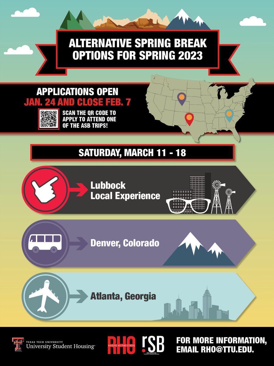 Our Alternative Spring Break 2023 application is live on TechConnect! This year, we have three service trip opportunities: the local Lubbock experience, Denver, CO, and Atlanta, GA. The application will close on February 7th at 11:59pm.
