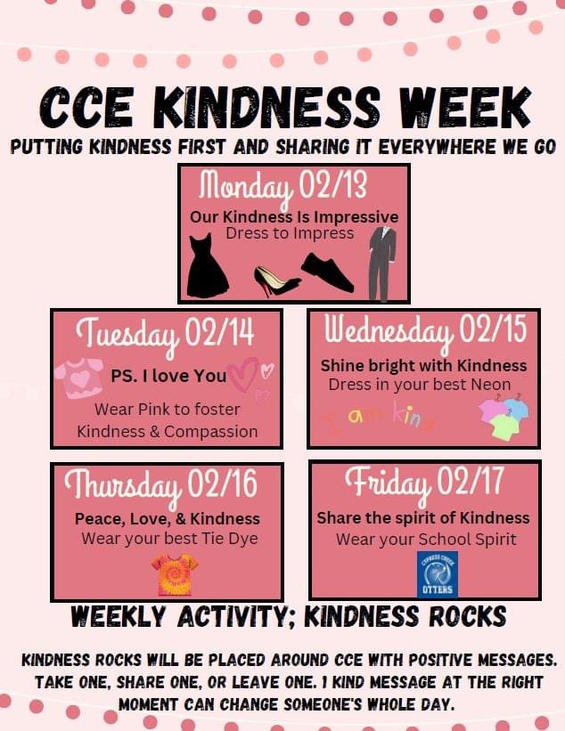 MrsJefferisCCE's tweet photo. Random Acts of Kindness week is February 13th-17th๐ Letโs ALL put kindness first and share it everywhere we go! @cypresscreekvcs @LeybleTaylor #ottersmatter #ottersSWIM https://t.co/E2aE5PP4sL