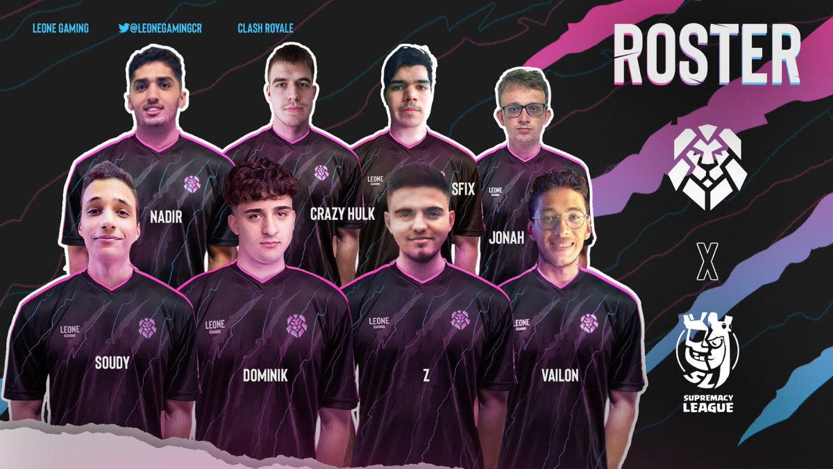 LeoneGamingCR's tweet photo. We’re proud to present our official Roster for @CR_Supremacy 

👤 @DOoOM_cr 
👤 @soudy_cr 
👤 @Crazy_hulkk_ 
👤 @Vailon_cr 
👤 @Z_Royal_ 
👤 @sfix_cr 
👤 @cr_jonah 
👤 @Nadir__2003 

Follow both our twitter pages to receive updates on English &amp; Spanish livestreams! https://t.co/wMNWsDOiqv