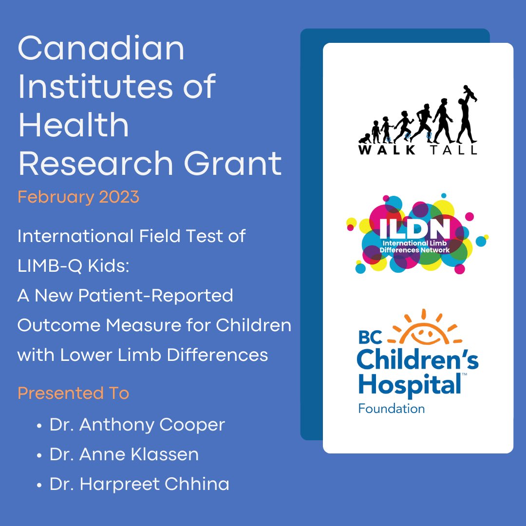 limbnetwork's tweet photo. LIMB-Q Kids and @limbnetwork team would like to thank @CIHR_IRSC for the project grant supporting the International Field test of LIMB-Q Kids!
Congratulations to @kidsbonedoc @HarpreetChhina @anneklassen 🙌

#CIHR
#Grant
#ILDN
#LimbQKids
#BCCHF https://t.co/tMOQN1ZTNf