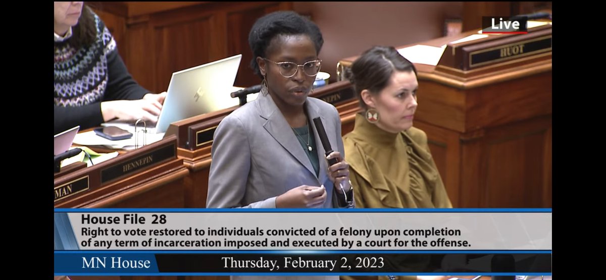 RTVMN's tweet photo. Rep Esther Agbaje: “Voting rights have been used to exclude varied groups from participating in our society […] from the very beginning: men without property, women, immigrants &amp; people of color.” #RestoreTheVoteMN #Freedom2VoteMN #MNLeg #HF28 https://t.co/PE6kX795C2