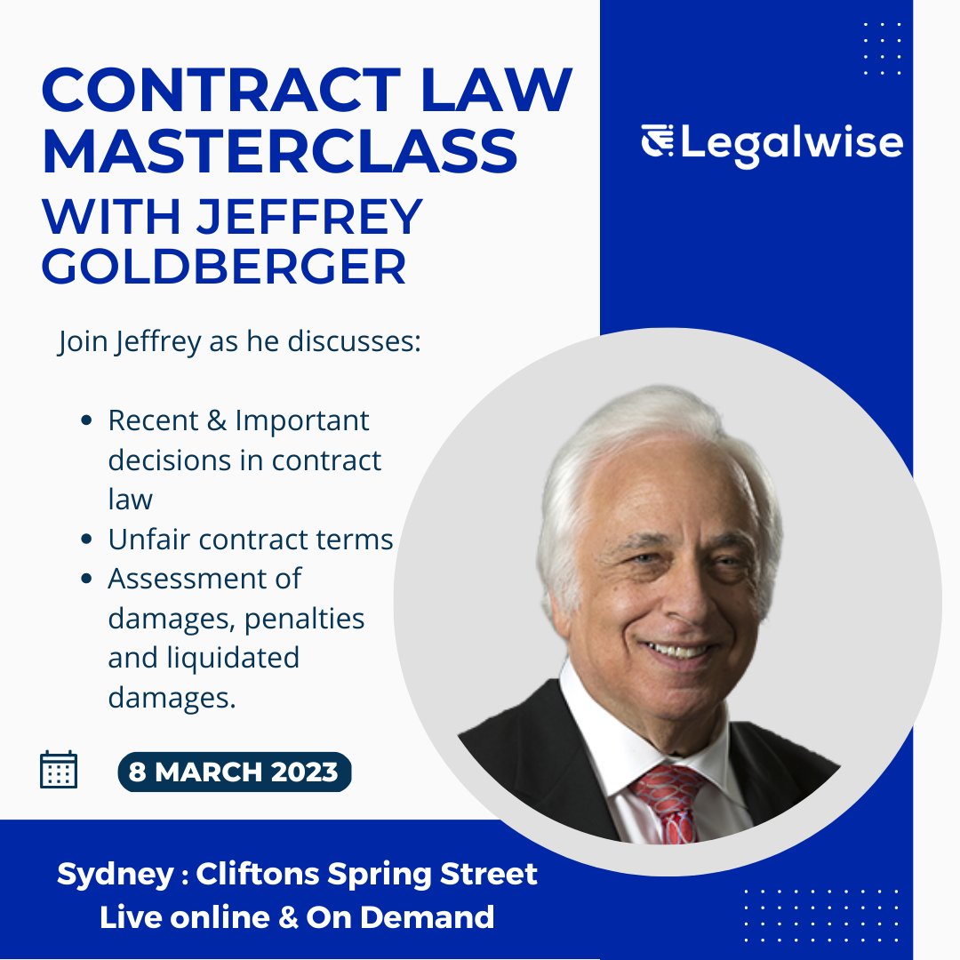 Join us at The Contract Law Masterclass with Jeffrey Goldberger, live online &amp; in Sydney CBD, Jeffrey will be guiding delegates through the nuances of contract law, imparting the knowledge, insight, and tools you need to implement in your practice.
 lnkd.in/gRwq4uAG
