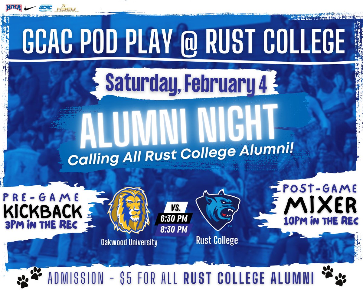 Rust_Athletics's tweet photo. #WinningSZN: π£οΈ CALLING ALL RUST COLLEGE ALUMNI βΌοΈ Youβre invited BACK to #BearcatCountry for ALUMNI NIGHT π Day 2 of the GCAC Pod Play at Rust College - Admission is $5 ποΈ
#RCWBB tips off at 6:30pm | #RCMBB tips off at 8:30pm against @ou_ambassadors π
#RCAthletics https://t.co/DZ68Bp8eKk