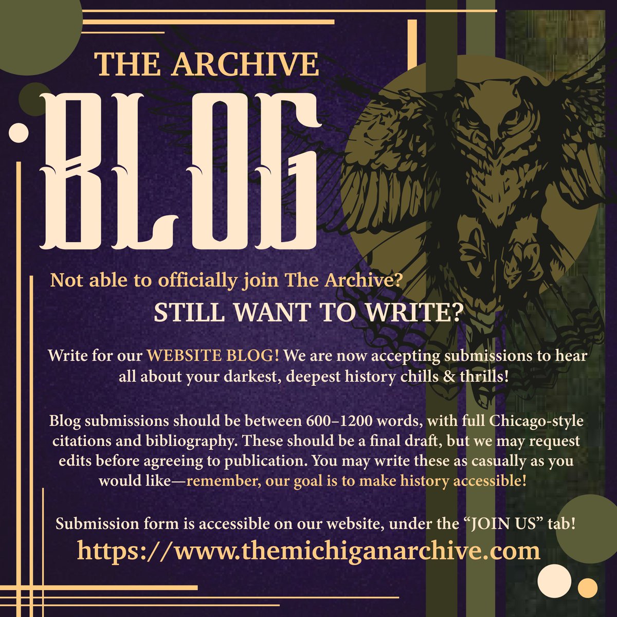thearchivemich's tweet photo. Want to write for The Archive, but not looking to become an official member? Never fear! Our new WEBSITE BLOG is here!
Find the submission spot on our website, under the “JOIN US” tab! 🦉
#umicharts #history #umich #historymagazine https://t.co/F5qr5Vjyl9