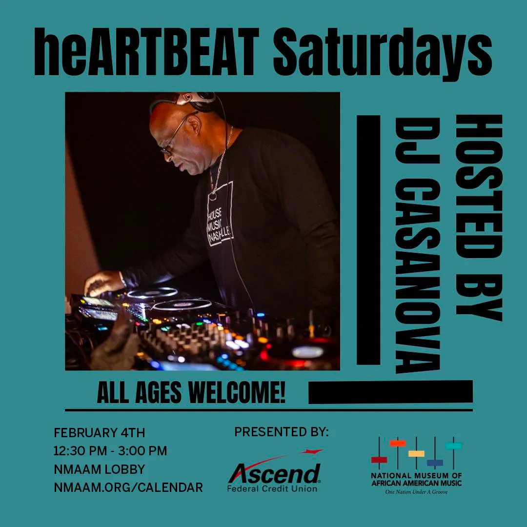 Join us in our lobby this Saturday from 12:30 -3:00 PM for live music, discounted admission, dancing, and fun! DJ Casanova will be on the 1s and 2s to get the party going. To RSVP visit buff.ly/40D0Kij #NMAAM #heARTBEATSaturdays