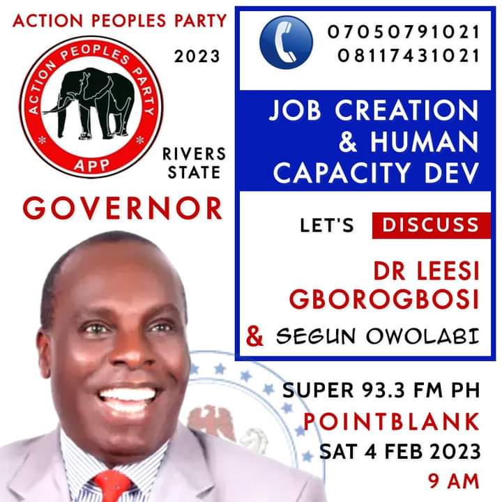 ➖ 60 Minutes with DR LEESI GBOROGBOSI (GOVERNORSHIP CANDIDATE, ACTION PEOPLES PARTY, APP) To discuss the Strategy for Job Creation & Human Capacity Development. Vote Dr Leesi Gborogbosi for Governor of Rivers State. Vote ELEPHANT Wike | Arise TV | Dear Obidients | God .