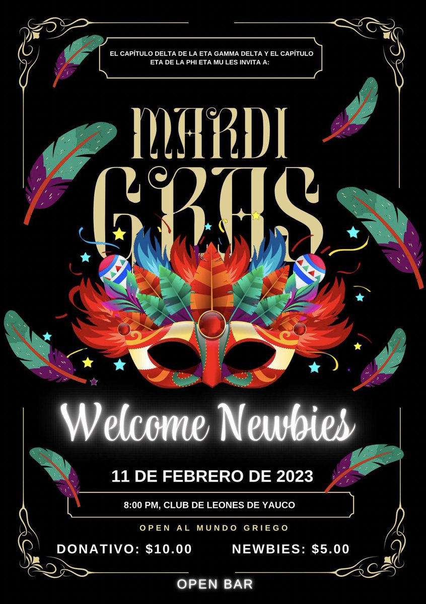 El Capítulo Delta de la Sororidad Eta Gamma Delta y el Capítulo Eta de la Fraternidad Phi Eta Mu les complace invitarlos a su Welcome Newbies. 

 📆 11 de febrero 
📍 Club de Leones de Yauco
⌚ 8 pm 
🍻 Open bar 

Donativo: $10 
Newbies: $5 

¡Los esperamos! 💜💛🖤