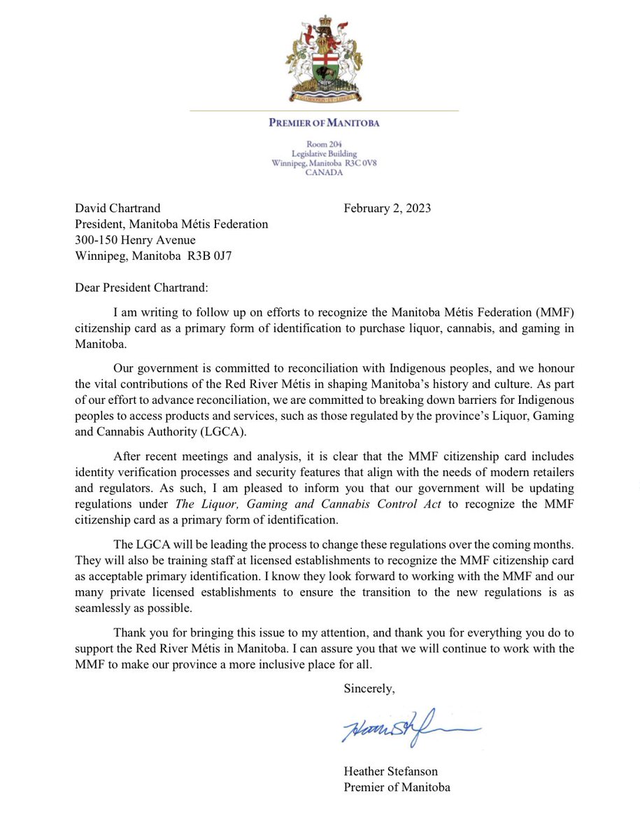 Our government is committed to reconciliation, and we honour the contributions of the <a href="/MBMetis_MMF/">Manitoba Métis Federation</a> to MB.

Proud to announce we will be updating regulations under the the Liquor, Gaming and Cannabis Control Act to recognize MMF citizenship cards as primary forms of ID. #mbpoli
