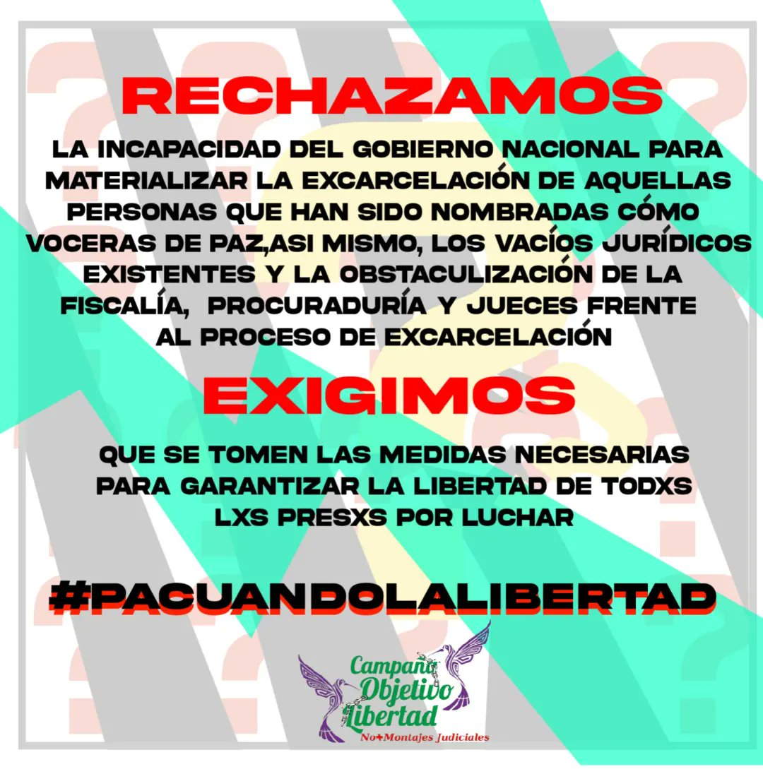 ObjetivLibertad's tweet photo. ¿Que va a pasar con lxs 4 compañerxs de Engativá y los 4 de Neiva a quienes les denegaron la solicitud de libertad? 

Abrazamos a Daniela, Felipe, Steven, Daniel, Kevin, Edwin, Cristian, Andres y a sus familias. No dejaremos de insistir por la libertad y absolución de todxs. https://t.co/6j8y5nzLVs