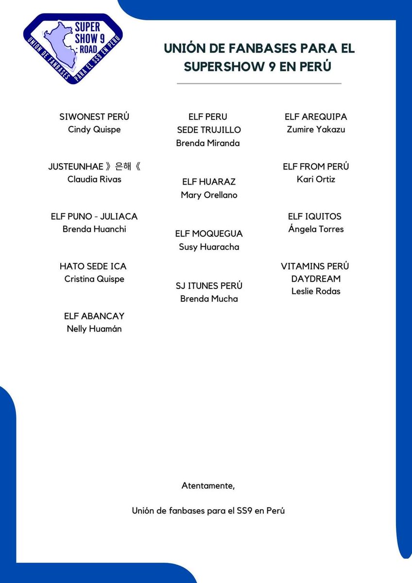 proyectosperuSJ's tweet photo. [CONVOCATORIA]

¡Hola, #ELF! 🇵🇪

Ya somos muchas fanbases peruanas de #SuperJunior unidas para nuestro tan esperado #SS9enPerú 💙

¡Te esperamos! Nuestra convocatoria para las fanbases se mantiene abierta. Envíanos un inbox para coordinar. 🤗

#unióndefanbasesss9enperú https://t.co/UzkzqUkZJ9