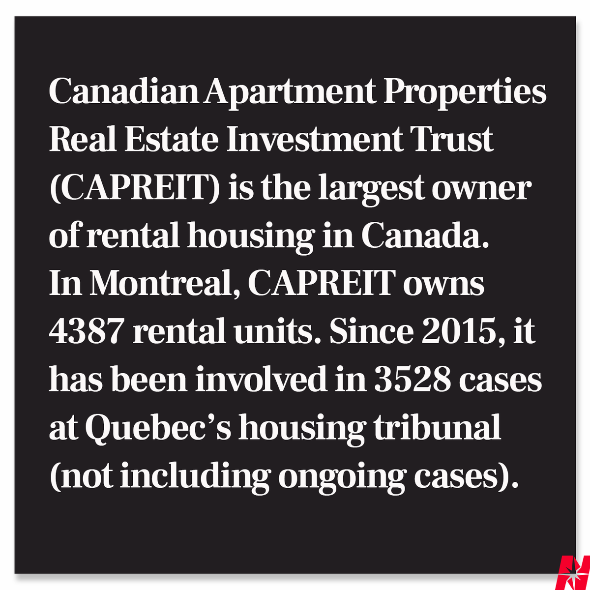 NewsNorthStar's tweet photo. (1/2) #CAPREIT seeks to extract as much money as possible from their #tenants. Since 2015, it has been involved in 3528 cases at Quebec's housing tribunal (not including ongoing cases). #housingcrisis #CanadaIsBroken https://t.co/SFzi88uMea