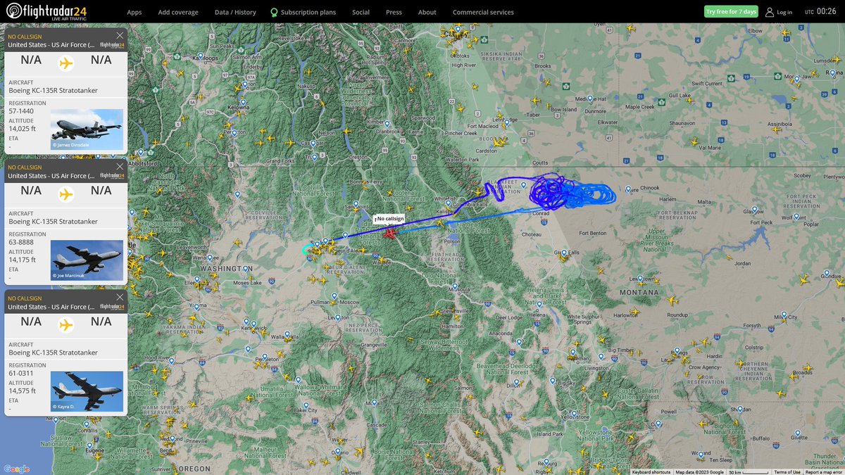 AIYeyENGDdJkjTr's tweet photo. Feb. 3, 2023
#Fairchild Air Force Base #Toole County &amp; Liberty County, MT

#NoCALLSIGN #AE04EB USAF KC-135R Stratotanker 
#NoCALLSIGN #AE023B USAF KC-135R Stratotanker 
#NoCALLSIGN #AE023C USAF KC-135R Stratotanker https://t.co/f5BMsPEux4