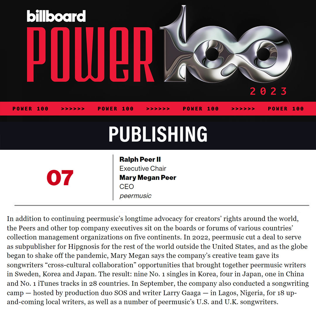 Congratulations to peermusic CEO <a href="/MaryMeganPeer/">Mary Megan Peer</a> and Executive Chair <a href="/RalphPeer/">Ralph Peer, II</a> on making <a href="/billboard/">billboard</a>'s 2023 #Power100 list and to our entire global team of songwriters, staff and publishing partners for making this happen.
➡️ blbrd.cm/vNtwzfR