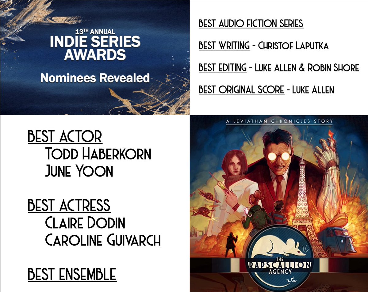 Surprised, grateful, and a thousand-times humbled! 🙏 I've been nominated for BEST ACTOR in AUDIO FICTION (Raptor - The #RapscallionAgency) for the 13th annual @ISAwards !

Gigantic thanks to Christof, Robin, Luke, and everyone at @LeviathanChrons for this immense honor. 🙏❤️