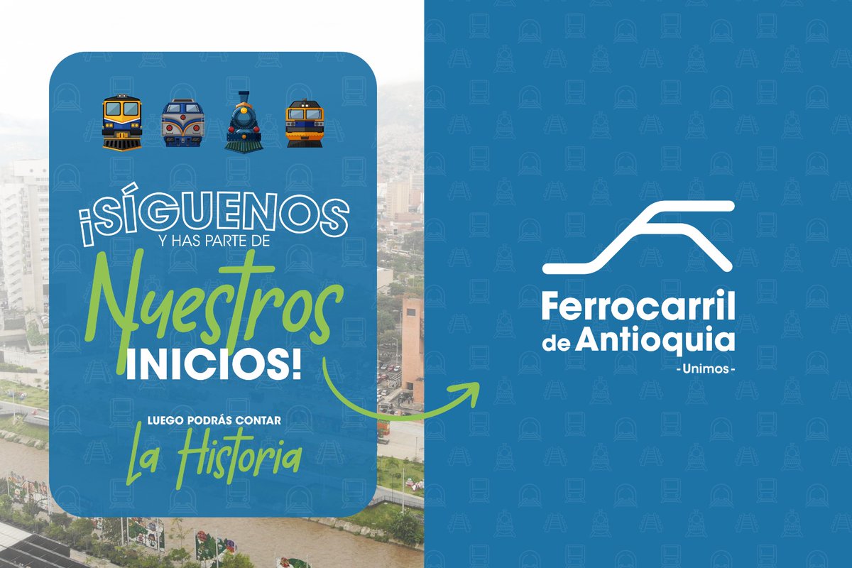 FerroAntioquia's tweet photo. ¡Síguenos en nuestros comienzos y luego podrás contar la historia! 

Tren del Río: un sistema de pasajeros para iniciar la reactivación del sistema férreo de Antioquia. 🚉🌄💙 https://t.co/13C5JqQgFY